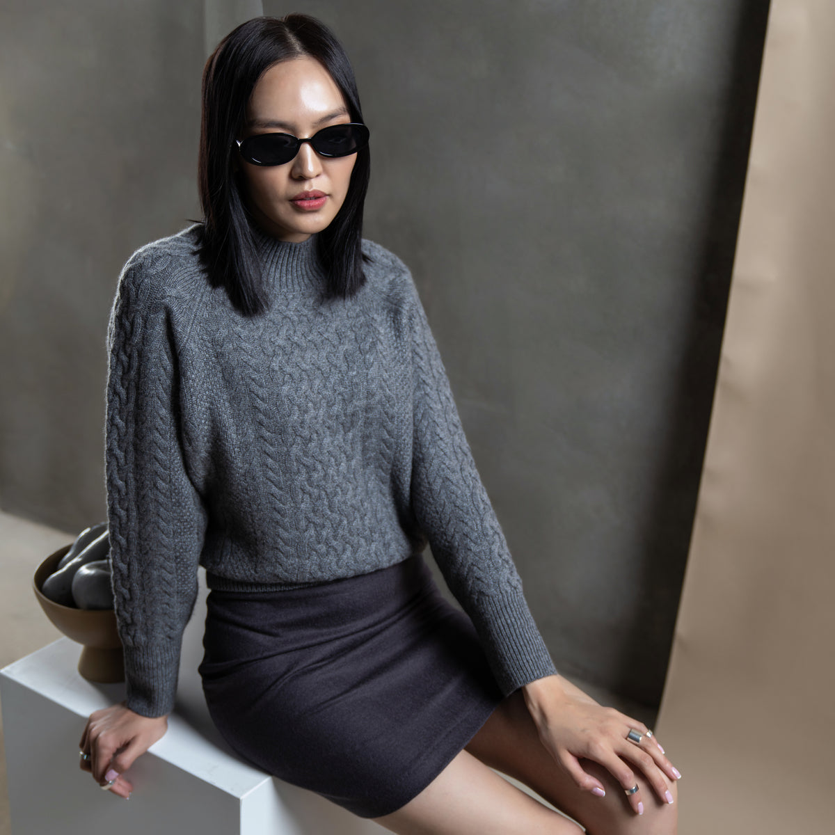 High-Neck Cable-Knit Sweater