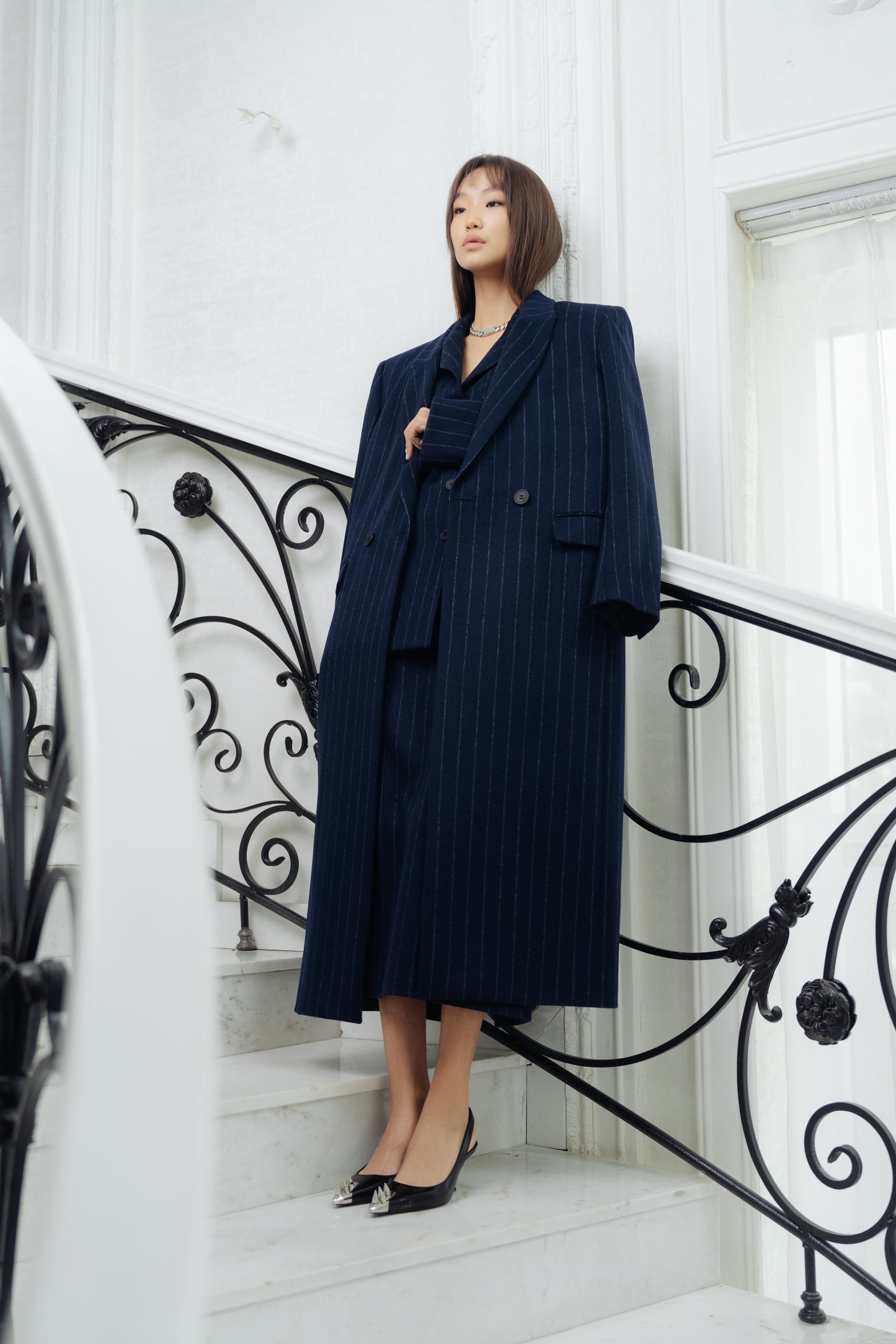 Pinstripe Maxi Coat